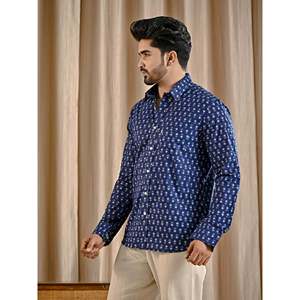 Chemise décontractée en popeline de coton bleue imprimée pour homme, chemise à manches longues pour homme, respirante, 100% coton - Product Image 4