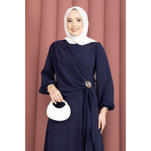 Vestido Hijab Estilo Boho Azul Marino con Tirantes, Lazos Laterales y Decoraciones con Cremallera, Elegante y Transpirable para Oficina, Largo hasta el Suelo - Product Image 2