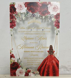 Carte d'invitation de mariage transparente en PVC de 1 mm, impression UV <span class=keywords><strong>rouge</strong></span> princesse florale et or, invitations Quinceanera, Sweet 16, 15 ans - Product Image 3