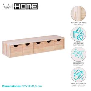 WELL HOME Mueble de Almacenamiento de Madera de Pino con 5 Cajones, 57x14x11.3cm - Product Image 2