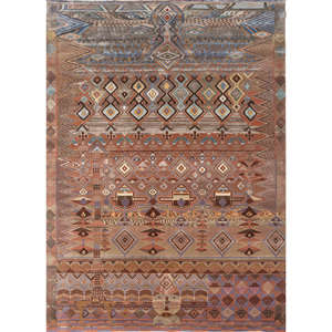 Tapis géométrique rectangulaire en laine et soie de bambou noué à la main Freedom Manchaha Rouge Orange pour la maison et le couloir - Product Image 1