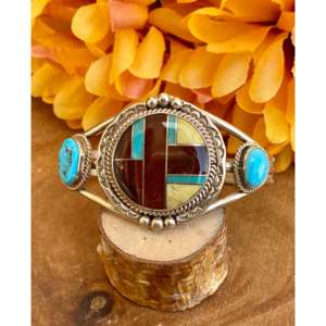 Navajo Handmade Fashion <b>Cuff</b> <b>Bracelet</b> with Multi-Stone & Sterling <b>Silver</b> Inlay - Product Image 1
