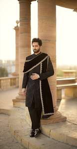 Elégant 2024 tissu de soie design perles de verre cristal Dabka pierre travail Sherwani costume pour mariage grande taille XL pantalon de marié étole - Product Image 2