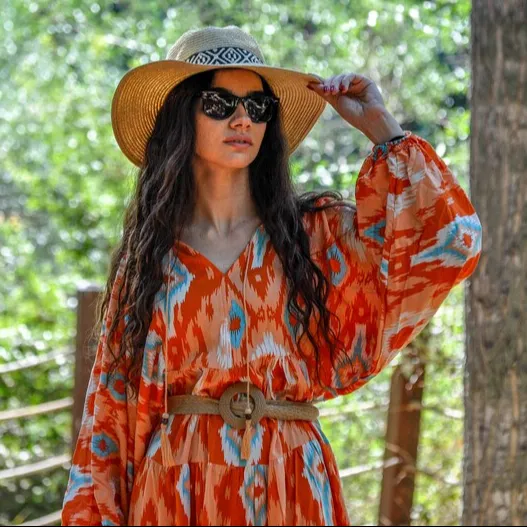 Zonovergoten Schoonheid Oranje Slouchy Zigeuner Jurk Voor Zomer Ontsnapt Bloemen Maxi Jurk Elegante Vrouwen Lange Mouw Jurken