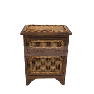 Wholesale Antique Brown Rattan Wicker Wood 2 <b>Drawer</b> Cabinet Nightstand <b>Storage</b> Living Room Furniture Home Hotel Villa Project - Product Image 1