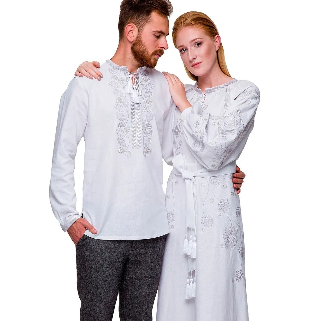 White Embroidery Floor Length Ukrainian Long Sleeve Couple Occasion Wear Cotton Clothing Wholesale price