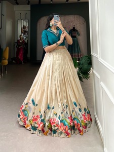 Lehenga choli ผ้าไหมทัสซาร์พร้อมงานพิมพ์ลายดอกไม้สีสวย - Product Image 3