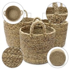 Juego de Cestas de Almacenamiento de Hierba Mendong Tejidas a Mano Naturales, Maceta Redonda Trenzada con Asa en Forma de Arco, Decoración para el Hogar, Diseño Artístico Puro - Product Image 2