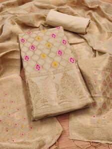 Women's Heavy <b>Neck</b> <b>Tie</b> Handwork Banarasi Chanderi Silk Dress Material Unstitched Peach for Party Occasions - Product Image 5