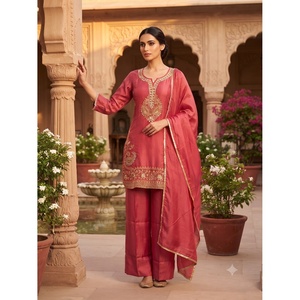 Ensemble Kurta Palazzo 3 pièces en soie brodée à motif uni élégant pour femmes avec dupatta - Tissu satiné Printemps/Été - Product Image 1
