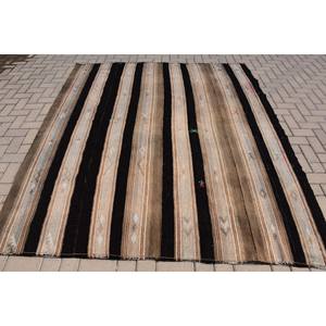 Alfombra de lana de área grande a rayas tradicionales marrón negro 6,6X7,8 pies diseño de retazos rectangulares para sala de pasillo látex para cabecera - Product Image 1