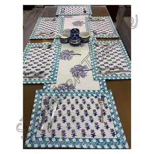 Bloco De Mão De Luxo Impresso Lona Tecido De Algodão Mesa Runner Place Mats Decoração Set Para O Conjunto De Jantar De Casamento