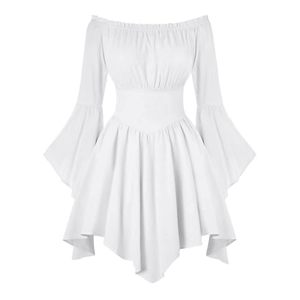 Vestido Mini con Hombros Descubiertos y Mangas Campana, Estilo Asimétrico, Cintura Elástica, Estilo Dulce, Casual de Verano, Blanco, Poliéster - Product Image 1