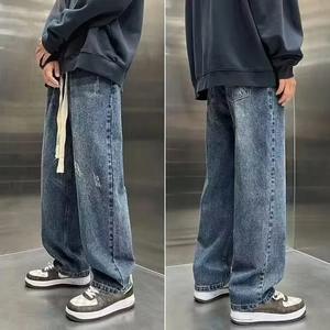 Nouveaux hommes Y2K Vintage côté rayé droit Jean haute rue lavage bleu Baggy Denim pantalon Hip Hop mode Jeans - Product Image 3