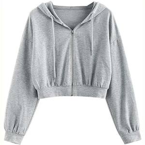 Wholesale Custom Long Sleeve <b>Crop</b> <b>Top</b> Hoodie Workout Blank 100%Cotton Winter Heather <b>Grey</b> Color Zipper Women's Hoodies <b>Crop</b> <b>Tops</b> - Product Image 2