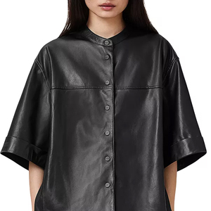 Camisa de Cuero Genuino de Manga Corta Estilo Vintage para Mujer, Color Sólido, Ligera y Cómoda de Usar - Product Image 1