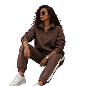 <b>Women's</b> Casual 2-<b>Piece</b> Tracksuit Set Solid Color Long Sleeve Zip-Up Top Side Stripe Sweatpants Full Length Regular Fit Winter - Product Image 2