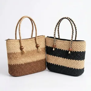 Sac seau en raphia fait main avec fermeture éclair, deux pompons, portable, en polyester, pour femme, pliable, décontracté, pour la plage et les voyages - Product Image 5