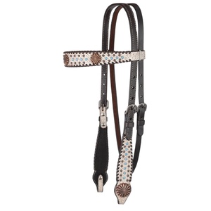 Têtière en cuir de vache véritable cloutée avec surpiqûres en boucle / Bride western Fabricant personnalisé par Rodeo International - Product Image 1