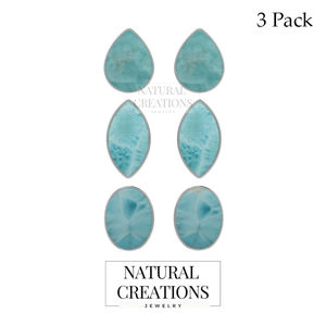 Pendientes de Plata de Ley 925 con Piedra Preciosa de Larimar, Corte Pera, Marquesa, Ovalado, con Cierre de Mariposa, Engaste de Bisel, Paquete de 3, Regalo para Bodas y Fiestas - Product Image 2