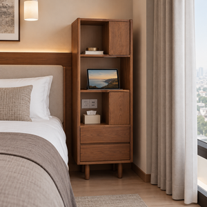 <b>Tall</b> Wooden Bedside Storage <b>Cabinet</b> with Open Shelves Drawers and Doors Modern Bedroom Furniture for Hotel Apartment - Product Image 5