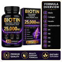 Complément alimentaire pour cheveux, peau et ongles à la biotine 25000 mcg, collagène, kératine, acide hyaluronique, croissance et force des cheveux, 60 capsules, étiquette privée OEM