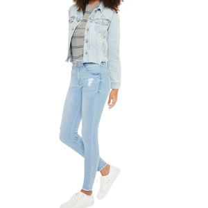 Medium Blue Cropped Denim <b>Jacket</b> for Women Rhinestone Embellished Wool Lined Long <b>Short</b> <b>Jacket</b> in Low Price OEM Wholesale - Product Image 2