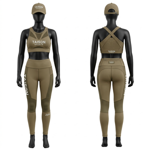 Premium 280 GSM <b>Nylon</b> Spandex <b>Legging</b> and Sports Bra Set Peach Black Contrast Panel Design Custom Sublimation Heat Transfer logo - Product Image 2