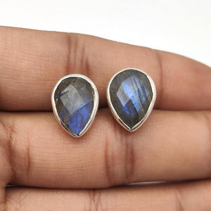 925 Sterling Silver Natural Labradorite 15x11mm Pear Bezel Stud Earring 4.28 Gms Designer Handmade Gemstone Silver Stud Earrings - Product Image 5
