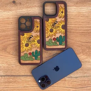 Funda de teléfono de cuero con herramientas manuales de cactus y girasol personalizada para iPhone, accesorios de vaquera, Funda de cuero genuino para IPhone 15 Pro Max