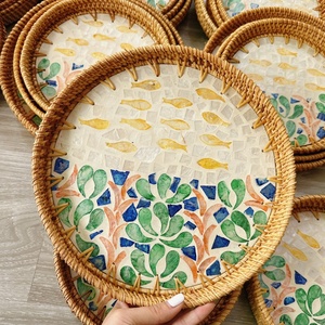 Hot Design 2024 Decoration Rattan Tray <b>Mosaic</b> Hand Woven Round Mother of Pearl Inlaid Rattan Tray From Blue Lotus Vietnam - Product Image 2