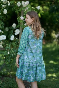 Vestido Moana Estampado a Mano, Estilo Bohemio, Floral, Verde Azul, Algodón Puro, Informal, Ocasional, Moda Ética - Product Image 2