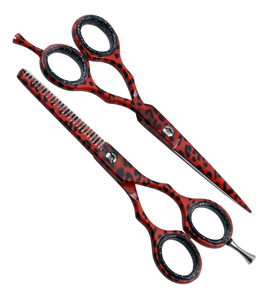 Juego de Tijeras Profesionales para Adelgazar el Cabello Kounain, Recubiertas de Rojo y Negro, Acero Inoxidable, Tijeras de Peluquero con Punta Roma, para Diestros, Mediano - Product Image 1
