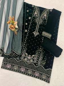 ชุดสلوار คามีซ ผ้ากำมะหยี่สำหรับผู้หญิง แขนปักลาย ผ้าคลุมไหล่ประดับเลื่อม 3 มม. ลูกไม้หนักทั้งสองด้าน ผ้ากำมะหยี่ด้านล่าง เหมาะสำหรับงานปาร์ตี้ - Product Image 6