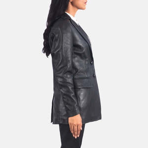 GLOBAL LEATHER Women's Winter Notched Collar Double-Breasted Blazer Black Leather <b>Single</b> Button Closure Knitted Weave Embroidery - Product Image 2