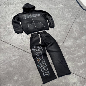 Traje de sudor personalizado 100% algodón francés Terry serigrafiado con capucha y pantalones de chándal conjunto parche desgastado lavado ácido chándales para hombres - Product Image 6