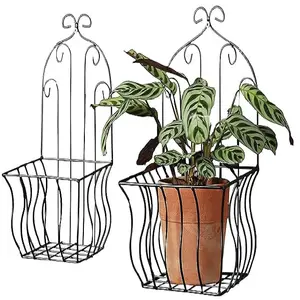도매 프랑스 국가 벽 바구니 식물 세트 2 볏 아라베스크 컬링 철 블랙 가든 냄비 홀더 수제