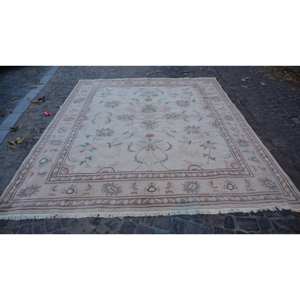 Alfombra de lana Vintage Oriental Beige y azul, patrón de retazos de 9,1x11,1 pies, tejido plano para decoración para sala de estar, respaldo de látex - Product Image 1