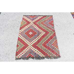 Tapis Kilim vintage, tapis turc de 2,9 x 3,7 pieds, tapis en laine abstrait rouge - Product Image 1