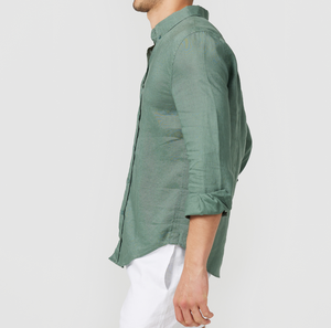 เสื้อเชิ้ตผู้ชายลำลองผ้าลินิน/ผ้าฝ้าย แขนยาว ปกคอปกตั้ง ติดกระดุมเม็ดเดียว สีพื้น ย้อมสีแบบเรียบ ไม่หด แห้งเร็ว เป็นมิตรกับสิ่งแวดล้อม - Product Image 3