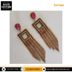 Pendientes de borlas de piedra de cadena fucsia de diseño elegante hecho a mano de 13cm de largo para mujeres y niñas, ropa de fiesta de noche bordada a mano - Product Image 2