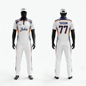 Premium 160 GSM Polyester Quick Dry Short Sleeve Men's <b>Cricket</b> Uniform <b>White</b> Navy Orange Panel Design Custom Logo Teamwear Set - Product Image 1