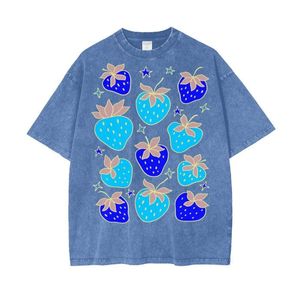 เสื้อยืดผ้าฝ้ายฟอกกรดสไตล์วินเทจสำหรับผู้หญิงเสื้อยืดพิมพ์ลายสตรอเบอรี่ลายการ์ตูนของผู้หญิง - Product Image 5