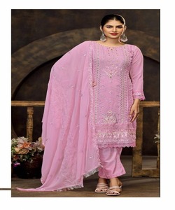Ethnique à la mode soie filet à broder fil séquence travail Salwar Kameez costume fantaisie mariages Dupatta vêtement prix de gros - Product Image 6