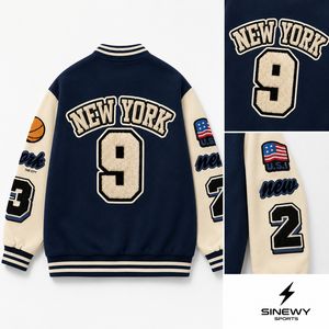 SINEWY SPORTS <b>Men's</b> Navy Blue Varsity <b>Jacket</b> Embroidered NY Letter Patch Design Preppy Style <b>Baseball</b> <b>Jacket</b> Autumn Wear - Product Image 4