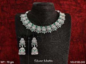 Hermosas Piedras Blancas antiguas plateadas mate de plata diseñador elegante fiesta desgaste gargantilla collar conjunto - Product Image 4