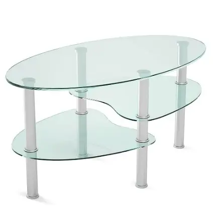 3 टियर टेम्पर्ड ग्लास टेबल गिलास अलमारियों और स्टेनलेस स्टील पैर के साथ, अंडाकार आकार कॉफी टेबल कमरे में रहने वाले घर फर्नीचर