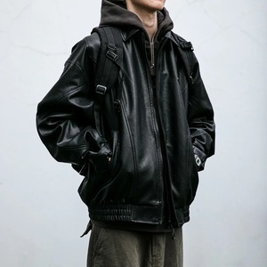 American Vintage Street Style Black Sheep Skin Canvas Biker Jacket Men Casual Fit Windproof Regular Trendy Winter - Product Image 4