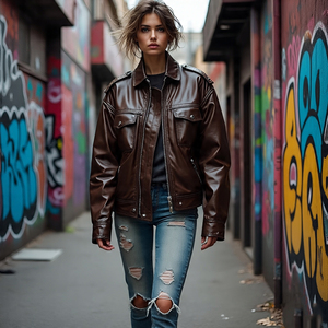 Chaquetas de cuero genuino de ajuste holgado de gran tamaño para Mujer | Chaqueta de cuero de oveja con hombros caídos para mujer - Product Image 3