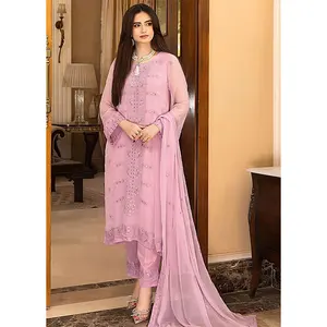 Bollywood Party Wear Dress With Heavy Embroidery Chiffon Shirt Trouser & Scarf Tea Pink Dress Indian & Pakistani Dress Style